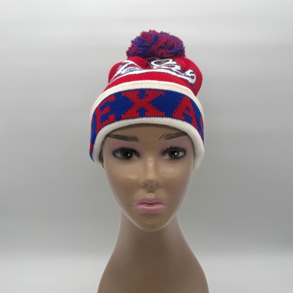 Texas Knit Pom Beanie Hat Red Blue Cuffed Winter Acrylic One Size Unisex Warm - Picture 3 of 7